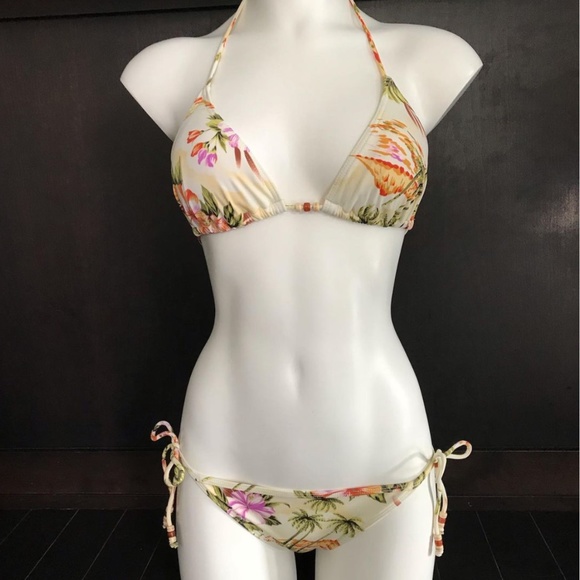 Billabong BLUE CRUSH era Vintage bikini natural floral beaded triangle low rise - Picture 2 of 9